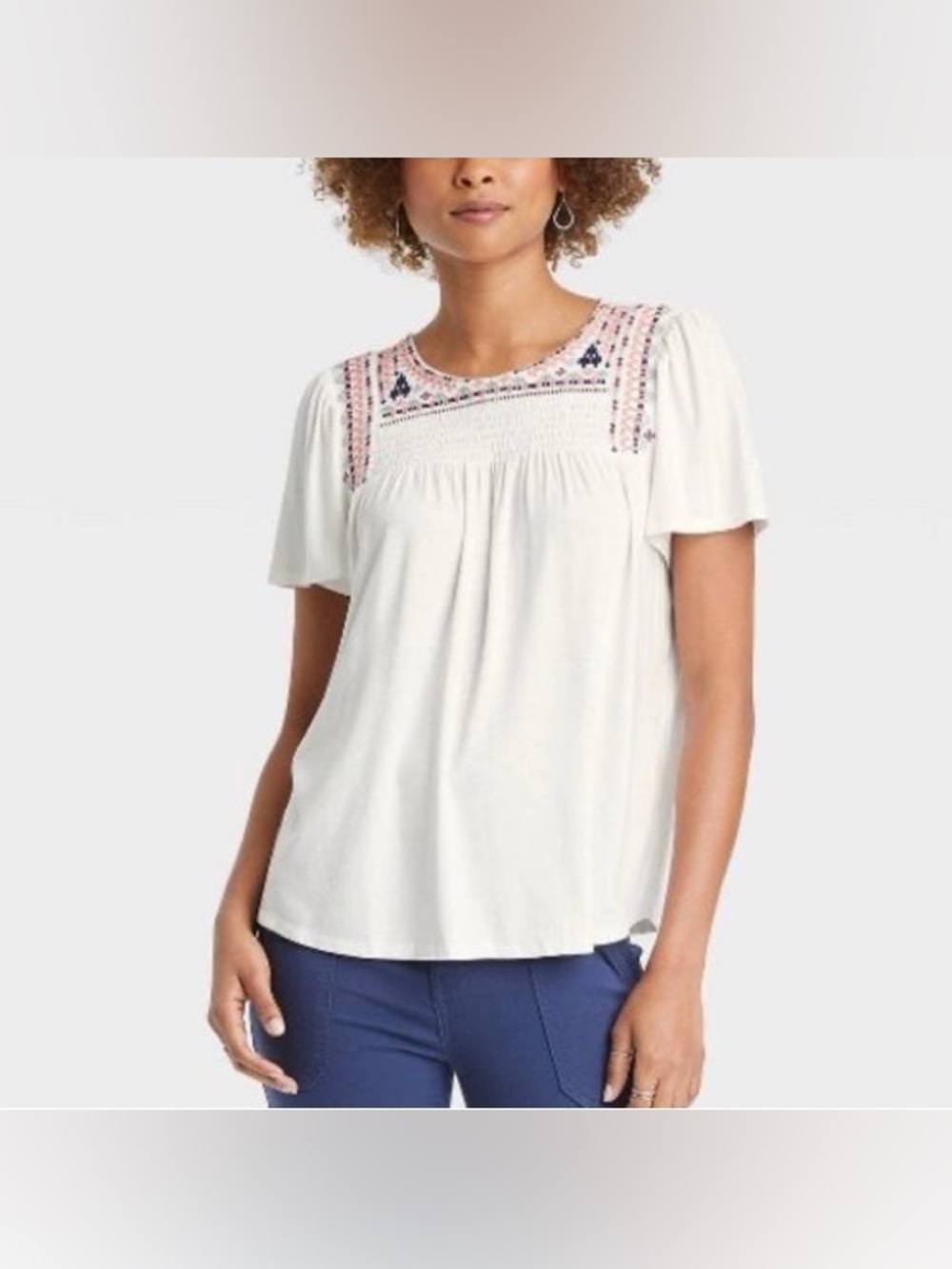 Knox Rose Embroidered Flutter Sleeve Peasant Top Cream Size Medium Boho Keyhole